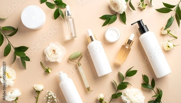 Obraz Skincare products with roses and leaves