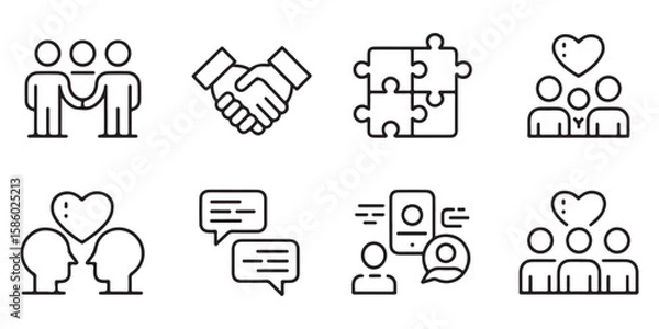 Fototapeta Set of eight black outline icons depicting teamwork communication and relationships icon set handshake