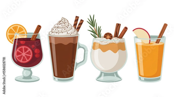 Obraz A product photography layout of four winter beverages arranged in a row against a pure white background.l