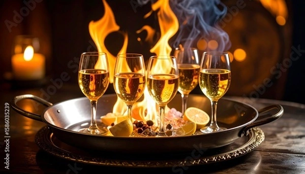 Fototapeta Flaming drinks on a tray