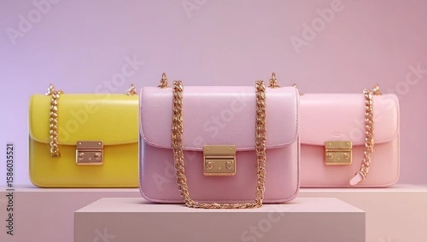 Obraz Three pastel-toned handbags on a light beige platform, featuring gold-toned chains and clasps