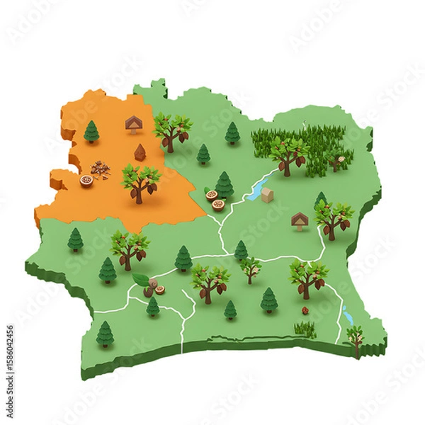 Obraz Wildlife map of Ivory Coast with trees and paths