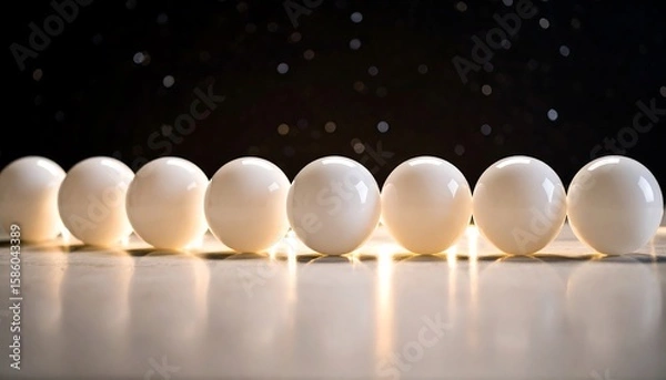 Fototapeta Row of glowing white spheres on a light surface