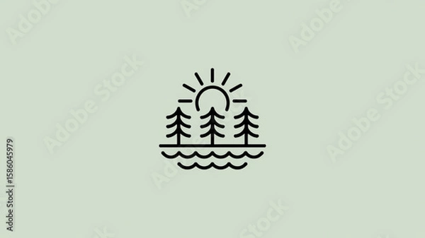 Obraz A minimalist line art logo design featuring three pine trees in a horizontal arrangement against a wavy horizon line.