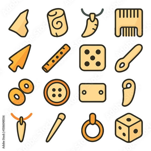 Fototapeta Bone Fragments & Artifacts modern flat style . bone shard, fossilized bone, carved bone necklace, bone comb, bone arrowhead, bone flute, bone dice, bone tool handle, bone
