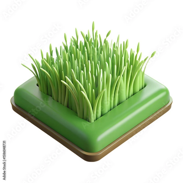 Obraz 3D A green grass patch icon with thin blades., isolated on a transparent background