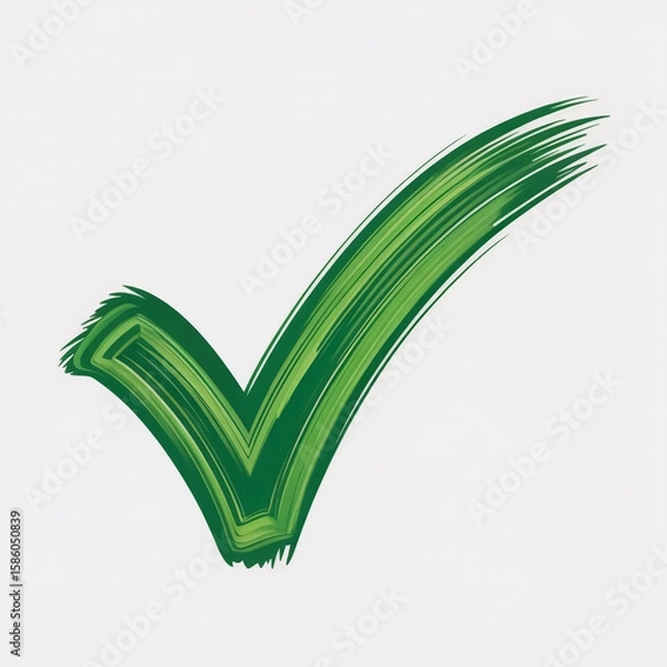 Obraz A digital illustration of a green checkmark symbol created with brush strokes. The checkmark is painted in a vibrant kelly green color with visible brush stroke textures and gradients.