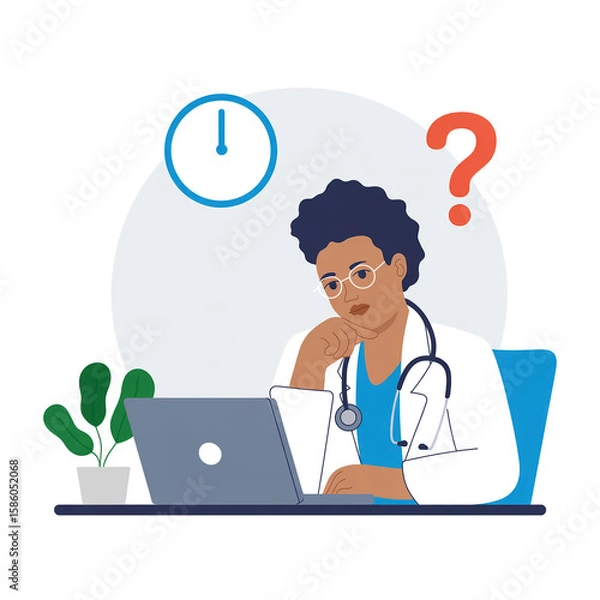 Obraz A flat, minimalist illustration of a healthcare professional at a desk. The figure is wearing a white lab coat, glasses, and has a stethoscope around their neck.