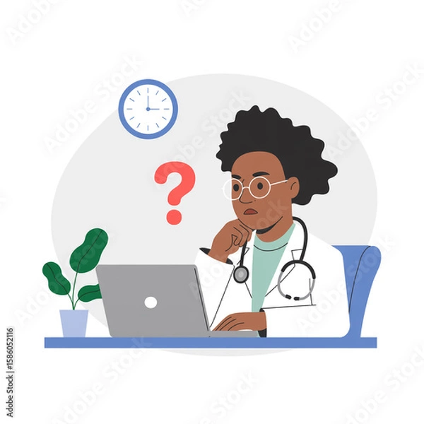 Obraz A flat, minimalist illustration of a healthcare professional at a desk. The figure is wearing a white lab coat, glasses, and has a stethoscope around their neck.