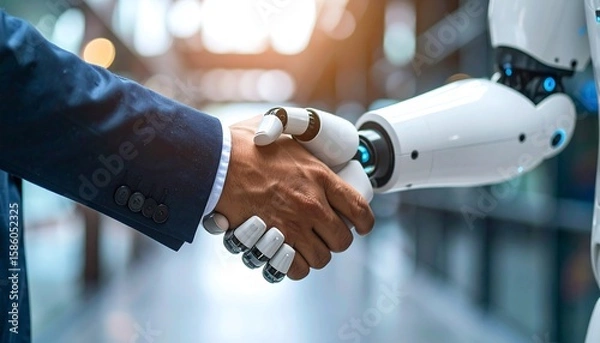 Obraz Businessman and robot shaking hands