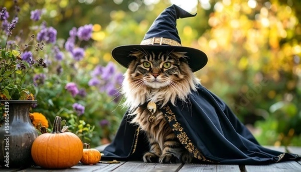 Fototapeta Fluffy cat in witch costume in garden setting