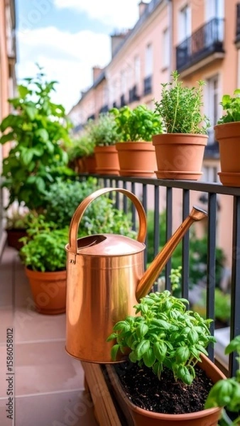 Fototapeta Balcony herb garden with watering can
