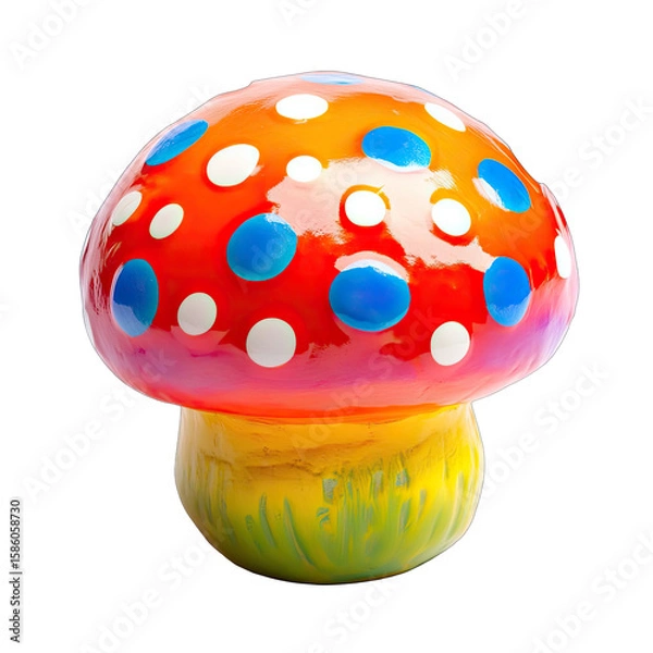 Fototapeta A vibrant, glossy ceramic mushroom figurine with a red cap adorned with white and blue polka dots, and a yellow-green stem suggesting grass at its base