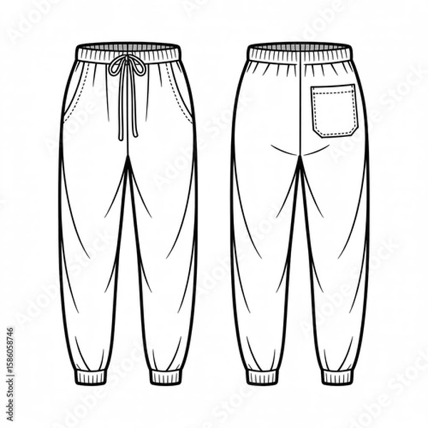 Obraz A technical fashion illustration of loose-fitting jogger-style pants shown in two views - front and back. The pants are drawn in a clean, minimalist line art style with no background.