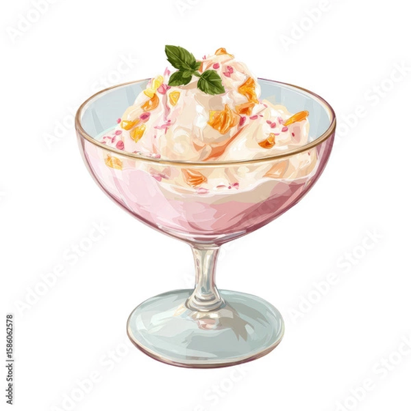 Fototapeta Delightful Ice Cream Sundae: A mouthwatering sundae, with layers of creamy ice cream, and delightful toppings, is presented in an elegant glass bowl.