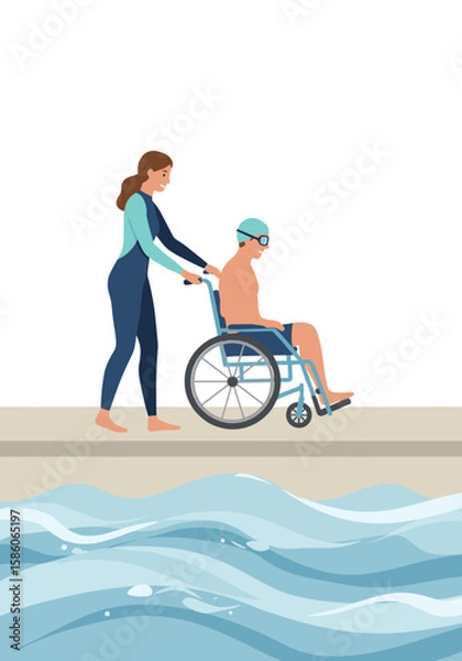 Fototapeta Female swimming instructor in wetsuit pushing a man in a wheelchair by the pool (flat vector illustration)