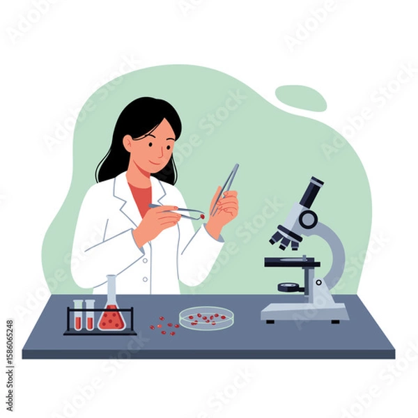 Fototapeta A female breeder sorts berry seeds in a laboratory using test tubes and a microscope.
