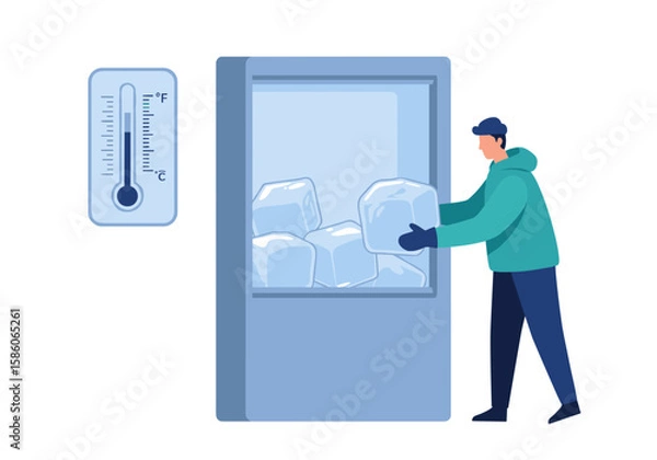 Fototapeta Man placing ice cubes into a freezer with a thermometer indicating temperature - Concept of flat vector illustration  