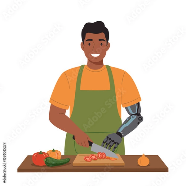 Fototapeta Man with prosthetic arm preparing food while smiling in kitchen  