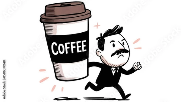 Obraz A black and white cartoon illustration of a man running while carrying an oversized disposable coffee cup.