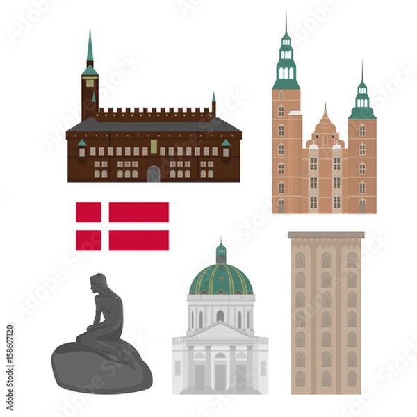 Fototapeta Denmark set of landmark icons in flat style. Copenhagen City sights. Danish architecture design elements.