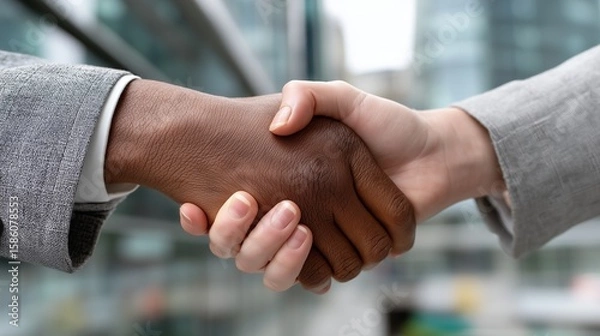 Fototapeta Diverse business professionals handshake with modern office background. AI generated.