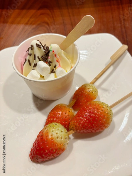 Fototapeta Vanilla soft serve with chocolate sprinkles and marshmallow, and strawberry on skewer, served on a white plate.
