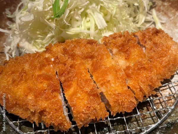 Fototapeta Closeup of delicious tonkatsu with cabbage, a popular Japanese dish of deep-fried pork cutlet.