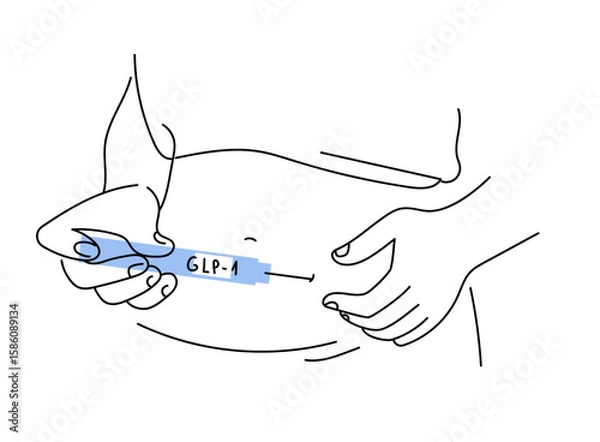 Fototapeta close up person self-injects GLP-1 treatment into her belly using an injector pen. Vector line art hand drawn  illustration.