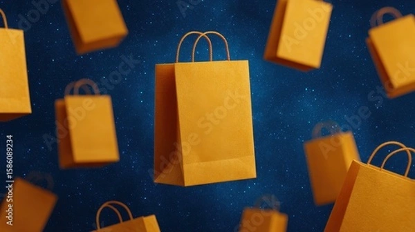 Obraz Future store design concept, Floating golden shopping bags against a starry background create a dynamic, eye-catching visual.