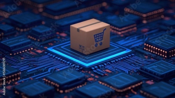 Fototapeta Future store design concept, Digital illustration of a shopping cart box on a circuit board, symbolizing e-commerce and technology convergence.