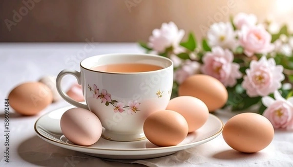 Fototapeta Delicate teacup and eggs with spring flowers
