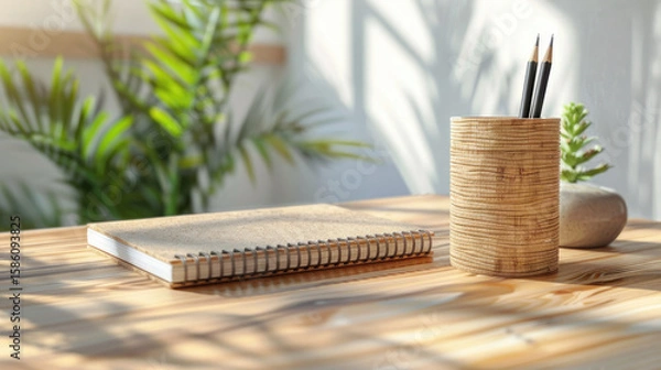 Fototapeta A cozy eco friendly workspace with a bamboo pencil holder and a spiral notebook for notes. A calm and inspiring atmosphere for writing, studying or creating.