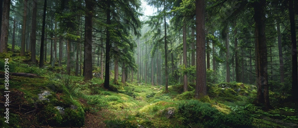 Obraz Lush Green Forest with Sunlight Filtering Through
