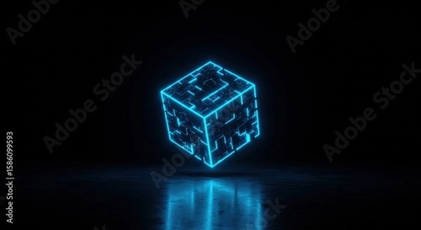 Obraz Glowing Futuristic Neon Cube in Dark Sci-Fi Space