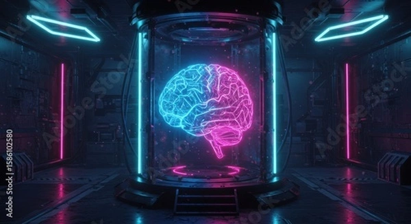 Obraz Glowing AI Brain in Futuristic Neon Chamber