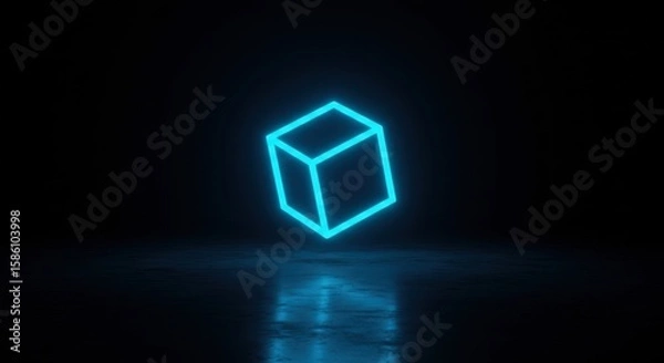 Obraz Glowing Futuristic Neon Cube in Dark Sci-Fi Space