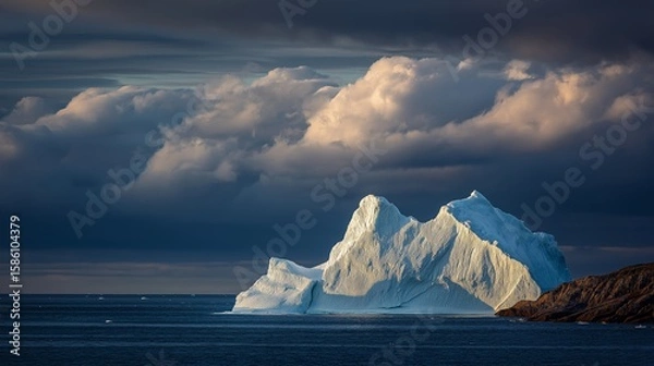 Fototapeta Dramatic iceberg floats under stormy clouds in Arctic ocean. AI generated.