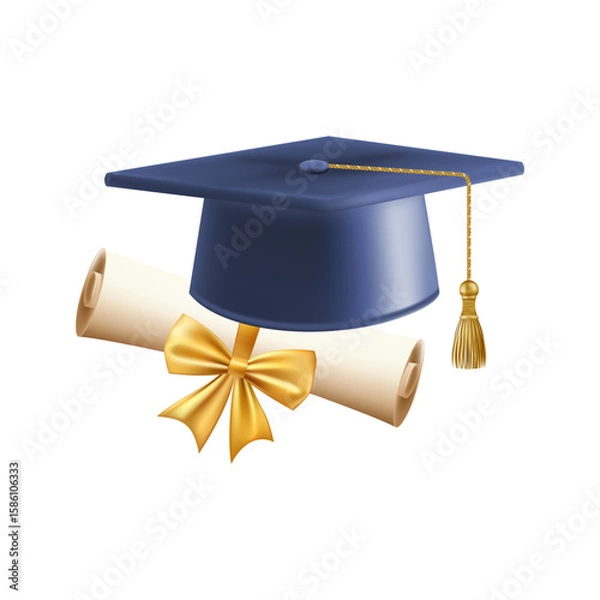 Fototapeta 3d diploma scroll with graduate hat. Vintage roll paper