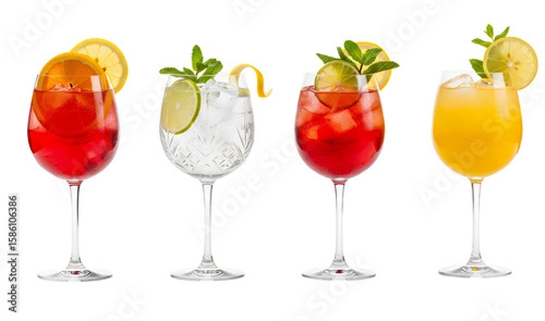 Obraz Four refreshing cocktails with ice garnishes and fruit slices PNG isolated on transparent background