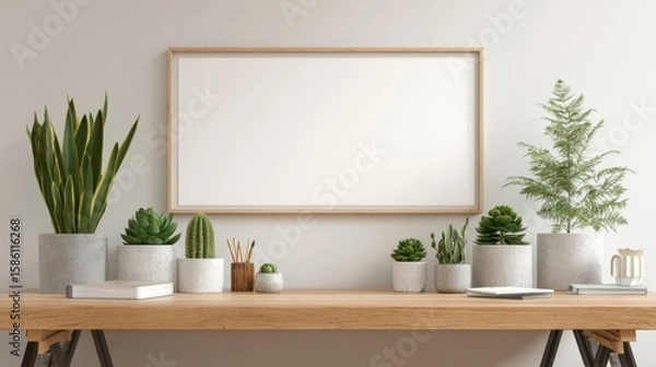 Fototapeta Minimalist Modern Interior Decor with Plants and Empty Frame on Light Wall.