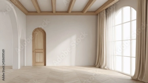Fototapeta Bright spacious empty room with large window, natural light, and wooden door.
