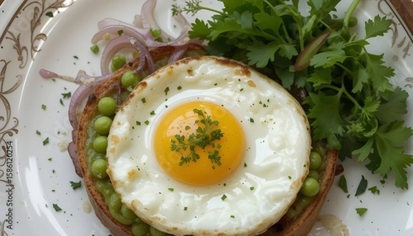 Fototapeta Fried Egg and Pea Toast with Red Onion and Parsley
