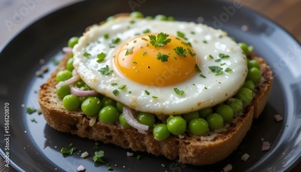 Fototapeta Fried Egg and Pea Toast with Red Onion and Parsley