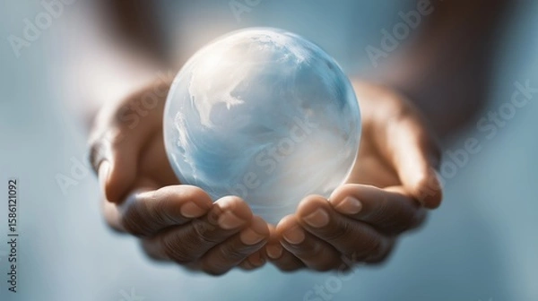 Fototapeta Cupped hands supporting translucent globe symbolizing global responsibility. AI generated.