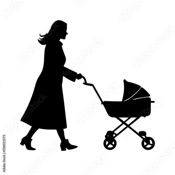 Obraz Woman pushing baby stroller silhouette vector
