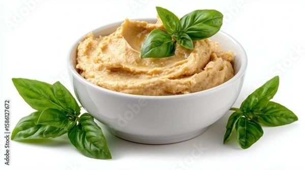 Fototapeta Delicious hummus basil leaves garnish served on white plate. AI generated.