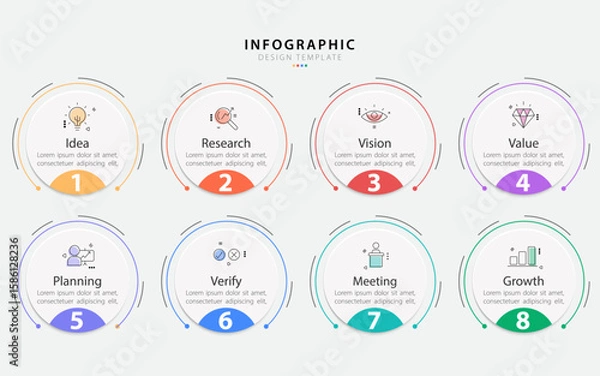 Fototapeta Timeline Creator infographic template. 8 Step timeline journey, calendar Flat simple infographics design template. presentation graph. Business concept with 8 options, gantt vector illustration.