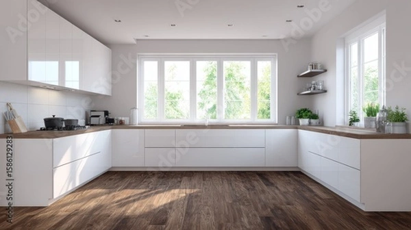 Fototapeta ed stylish kitchen with white walls, wooden floor, white cupboards, and built-in cooker and sink with windows above it.