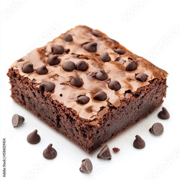 Obraz Delicious chocolate chip brownie square with scattered chips isolated on white background